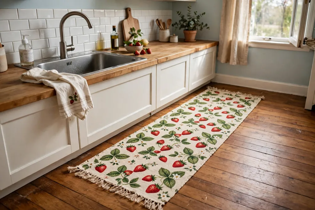 Runner with a strawberry print on a wood kitchen floor along the sink run.
