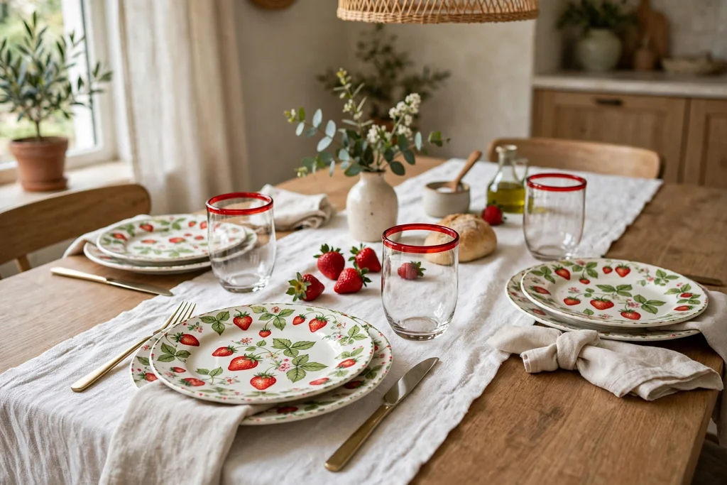 Table set with strawberry patterned plates, red rimmed glasses, and a white runner.