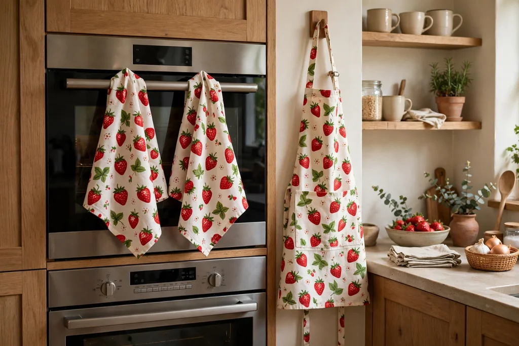 Strawberry print tea towels hanging on an oven handle with a matching apron nearby.