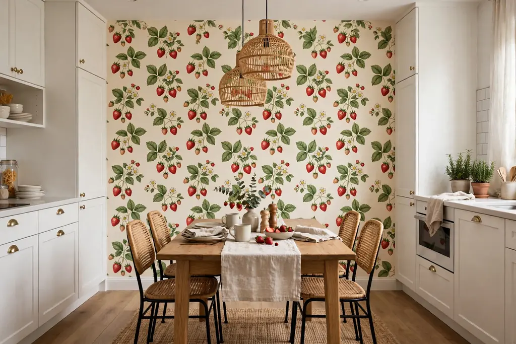 Kitchen accent wall with strawberry print wallpaper behind a dining table.