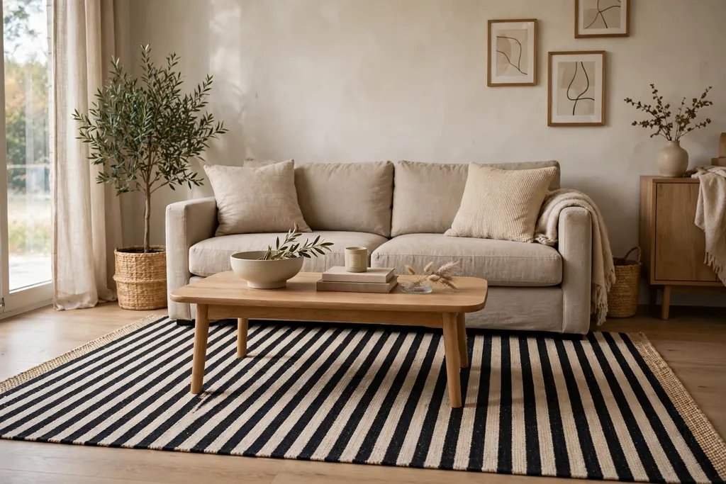 Striped black and beige rug under a beige sofa and coffee table.