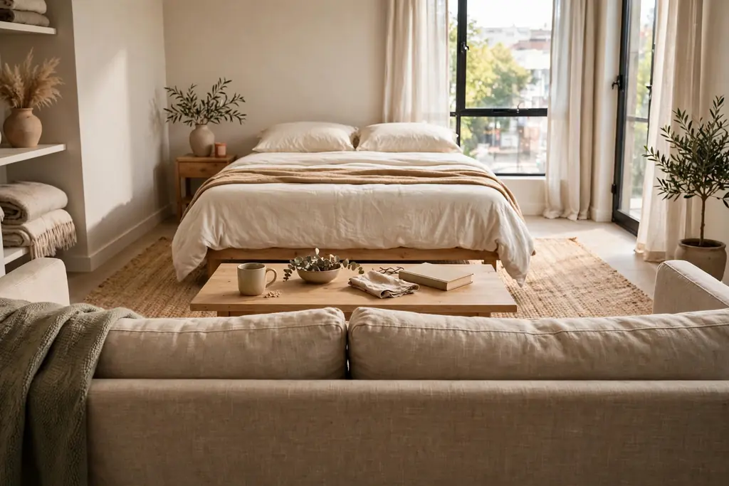Sofa with its back toward a bed, with a rug defining the seating group in a small studio apartment.