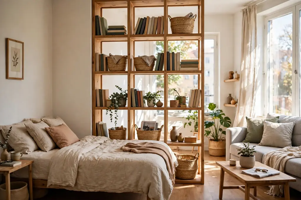 Open wooden bookshelf dividing a bed from a living area in a studio apartment, with light passing through the shelves.