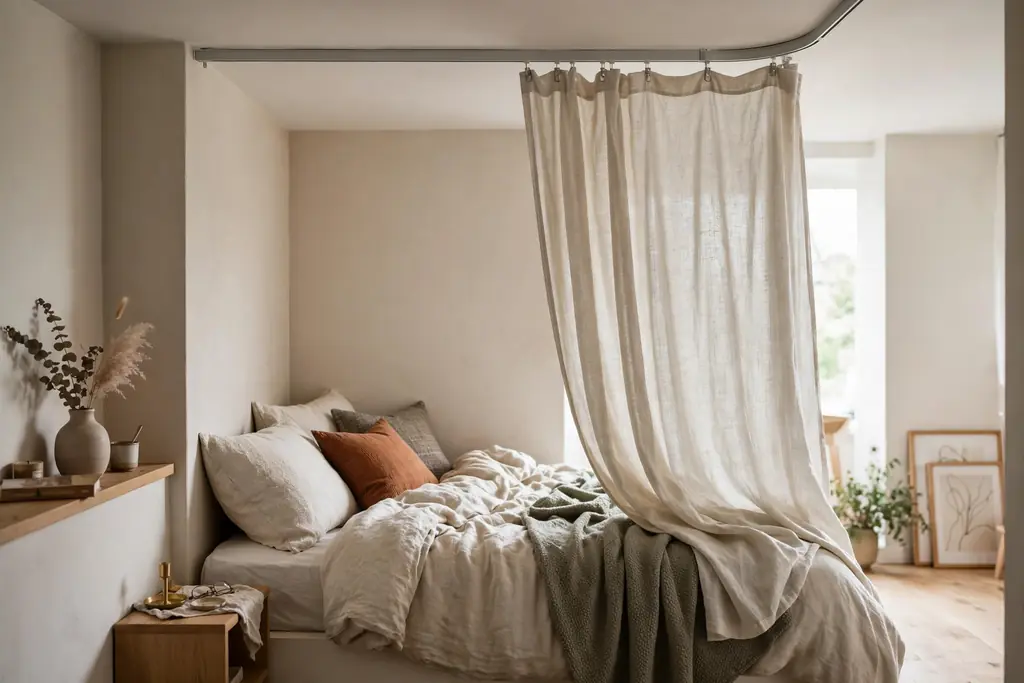 Light curtain on a ceiling track partly drawn across a bed alcove in a studio apartment.
