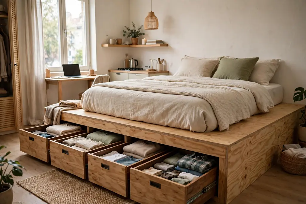 Raised platform bed with open storage drawers holding folded bedding in a studio apartment.