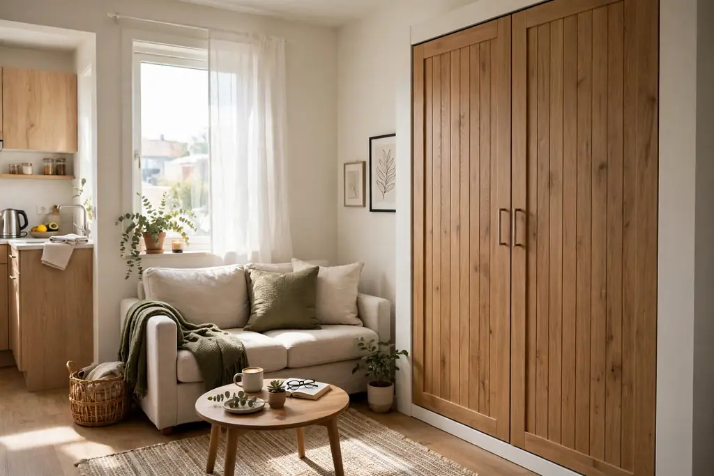 Closed wall bed cabinet beside a sofa in a studio apartment living layout during the day.