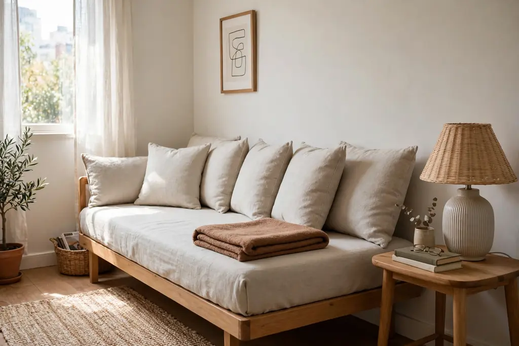Daybed dressed with cushions as a sofa against a wall in a small studio apartment.