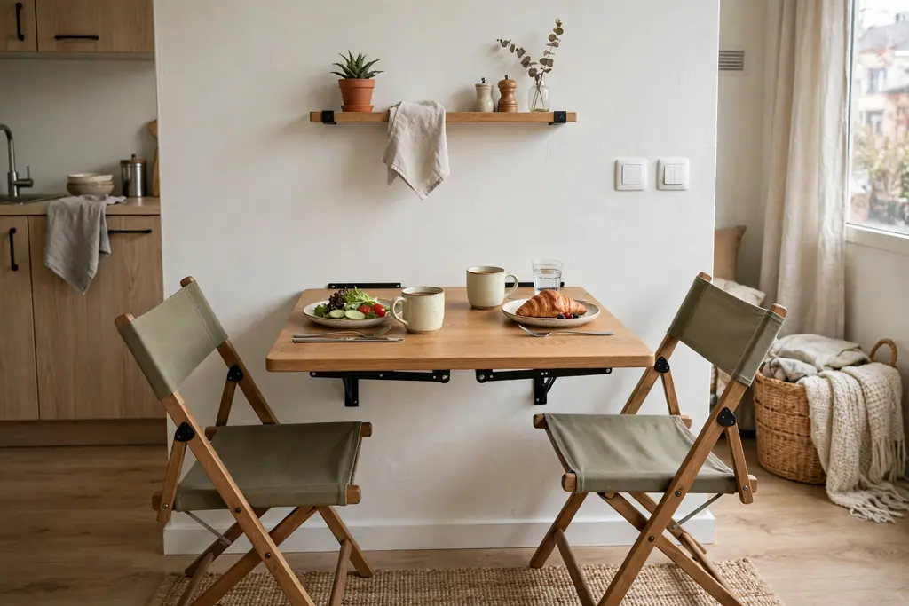 Fold down wall table set for two with folding chairs in a studio apartment.