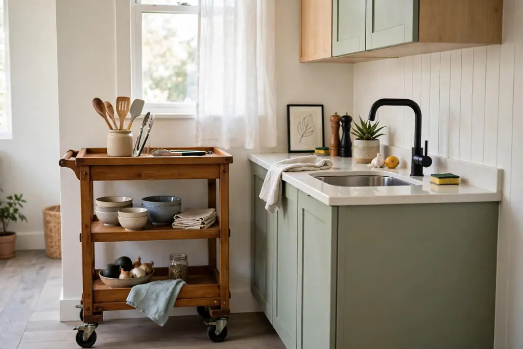 Wooden kitchen cart on wheels beside a small apartment kitchen counter.