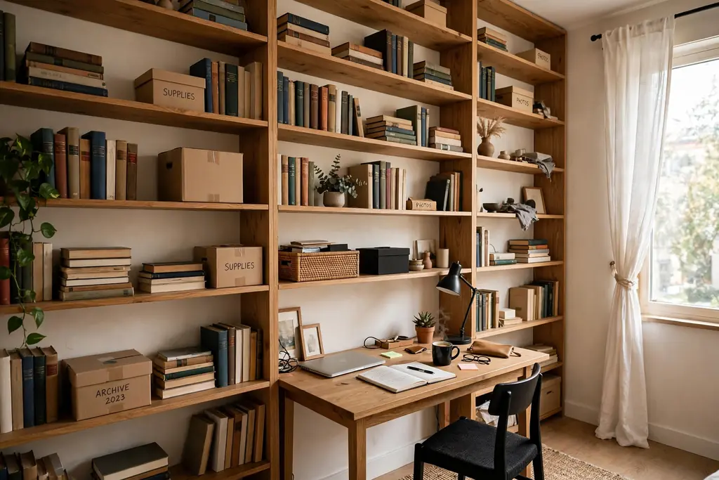 Open shelves running up to the ceiling above a desk in a small studio apartment.