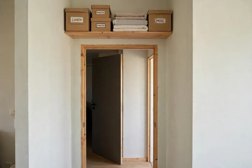 Single shallow shelf above an interior door holding labelled storage boxes in a small apartment.