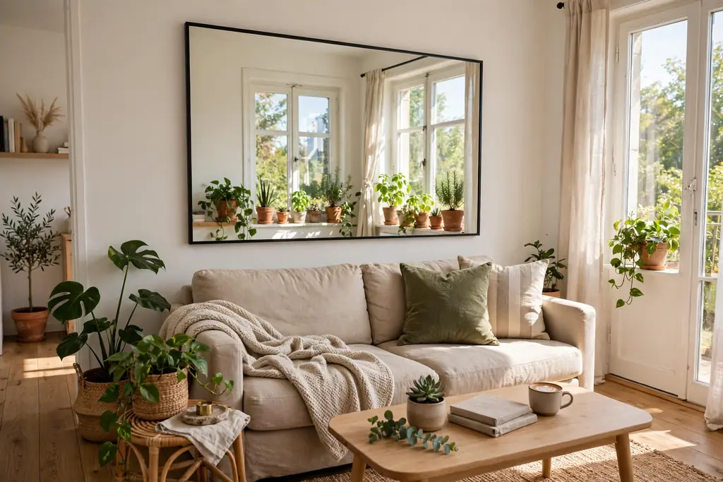 Large mirror on a wall opposite a bright window in a small studio apartment living area.