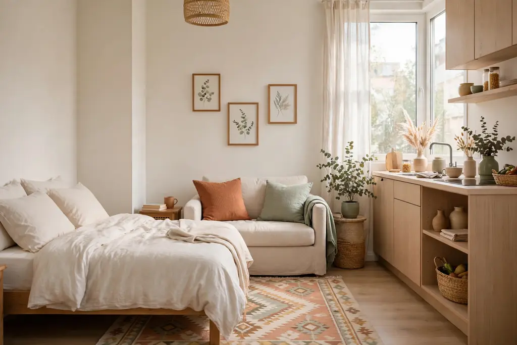 Studio apartment in soft warm neutrals with coloured cushions and a patterned rug.