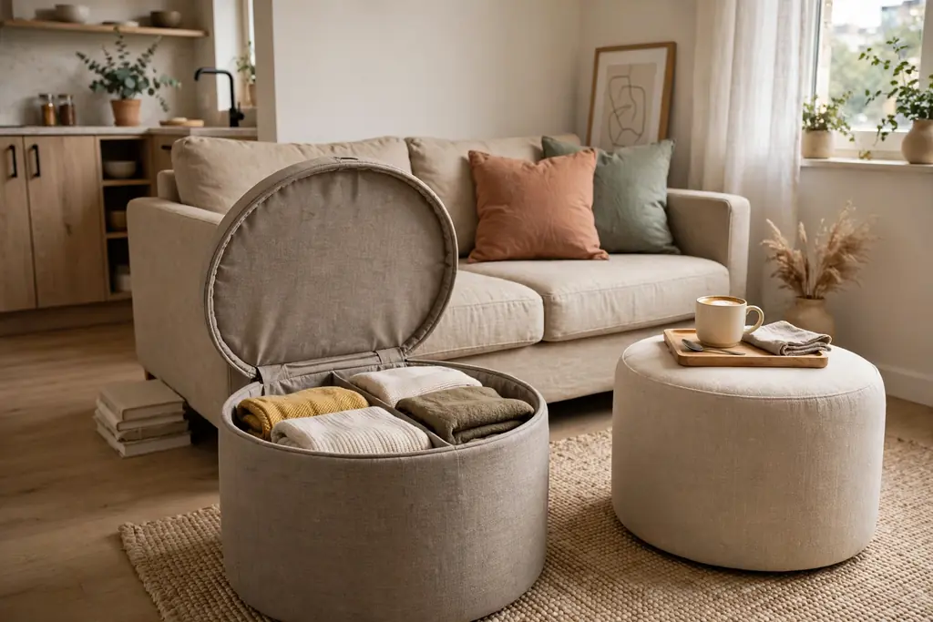 Fabric storage ottoman with its lid open showing folded throws, in front of a sofa.
