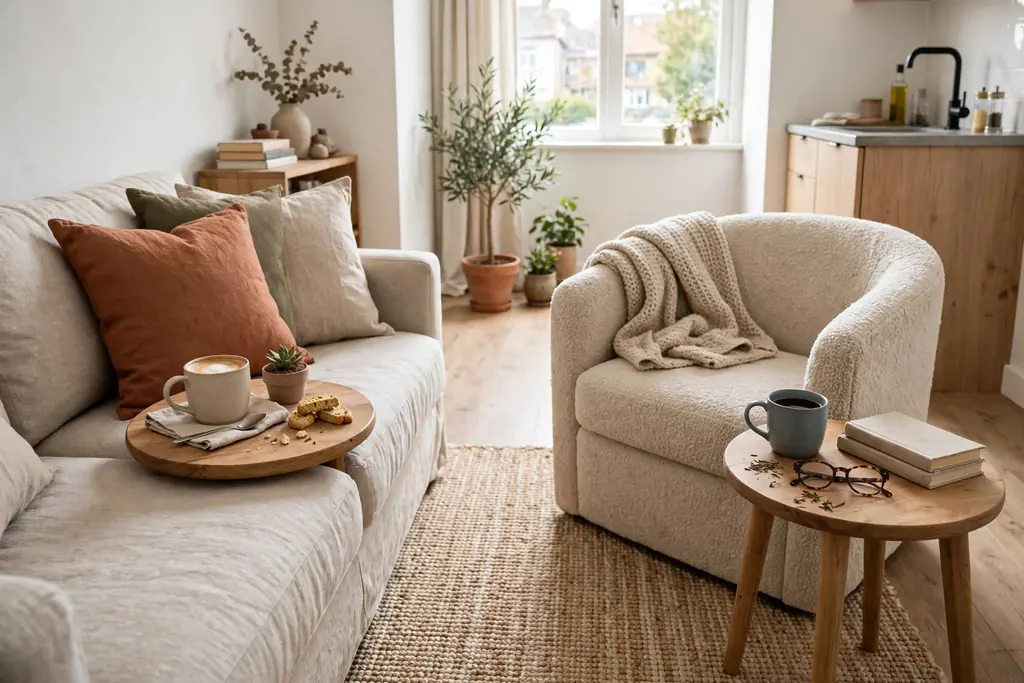 Round wooden nesting tables pulled apart beside a sofa and an armchair in a studio apartment.