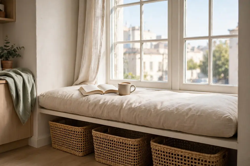 Window seat bench with a cushion and woven storage baskets underneath, beside a bright window.