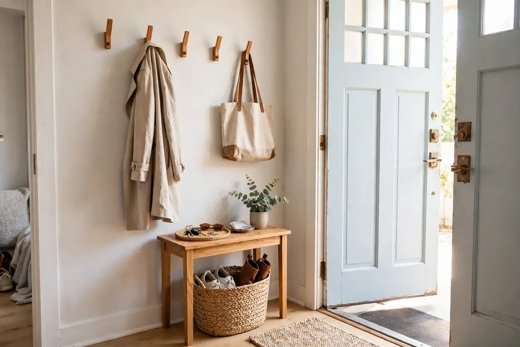 Small entry zone by an apartment door with wall hooks, a key tray, and a shoe basket.