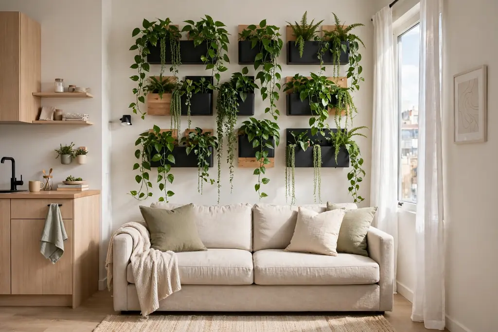 Wall mounted planters with trailing green plants above a sofa in a studio apartment.