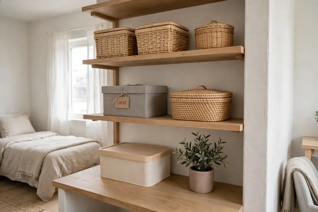Open shelves holding closed woven baskets and lidded storage boxes in a studio apartment.