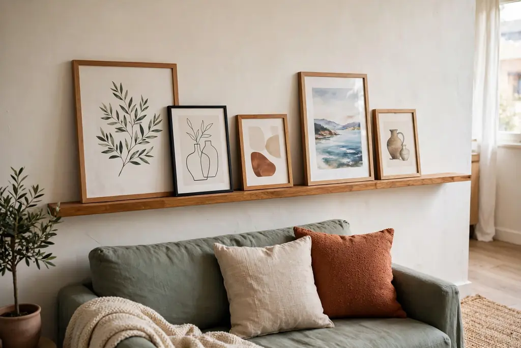 Wooden picture ledge with leaning framed art prints above a sofa in a studio apartment.