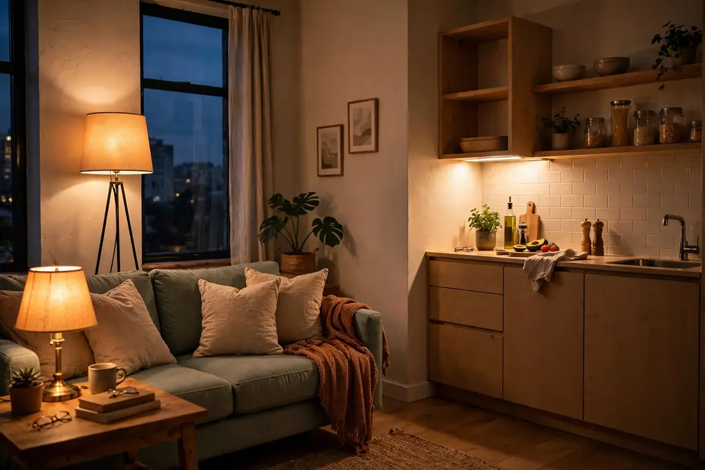 Studio apartment in the evening lit by a floor lamp, a table lamp, and an under shelf light.