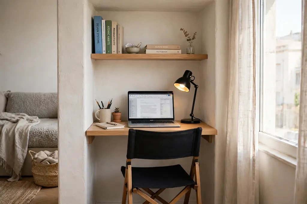 Compact desk and shelf fitted into a small alcove as a work nook in a studio apartment.