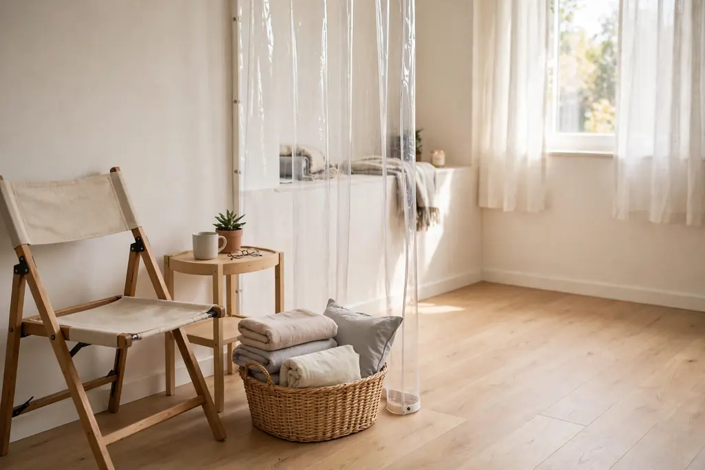 Clear flexible corner in a studio apartment with a folding chair and a basket of guest bedding.