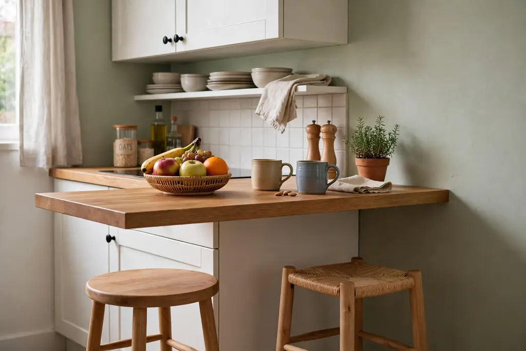 Small studio kitchen counter end used as a breakfast bar with two stools, mugs and a fruit bowl.