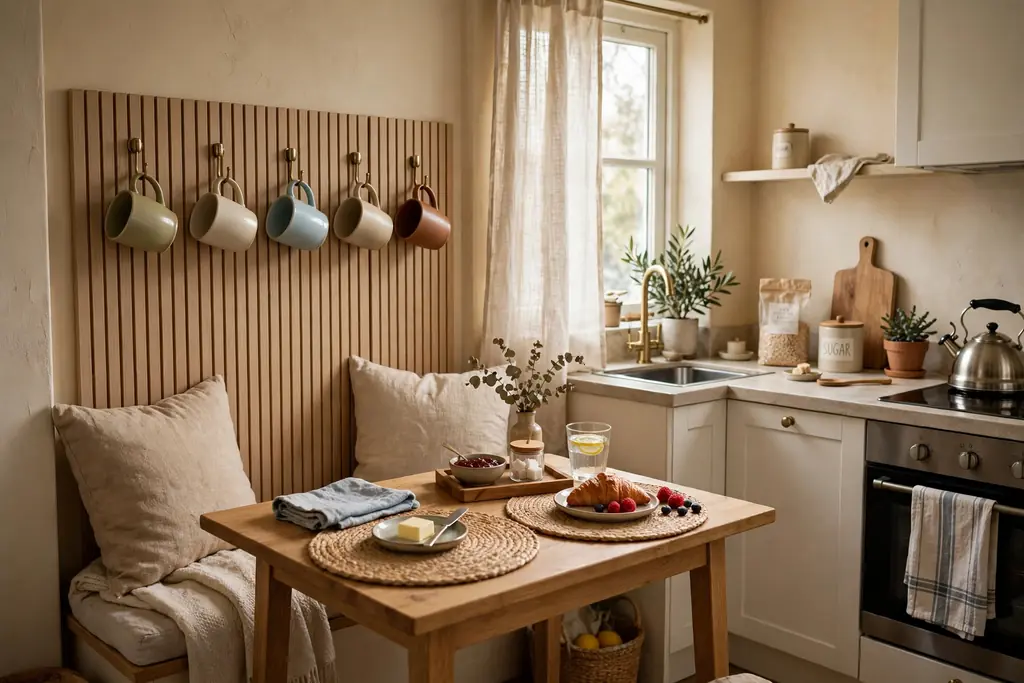 Cozy small breakfast nook in a studio kitchen with mugs on hooks, placemats and a small tray.