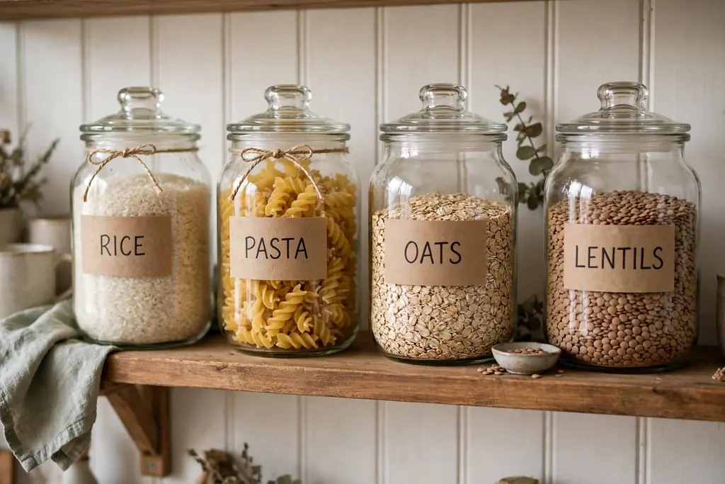 Kitchen shelf with clear labelled glass jars filled with rice, pasta, oats and lentils.