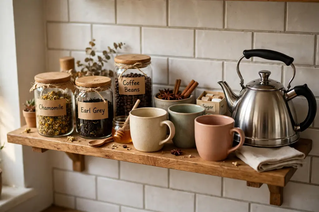 Cozy hot drink station on a small kitchen shelf with mugs, tea jars, coffee and a kettle.