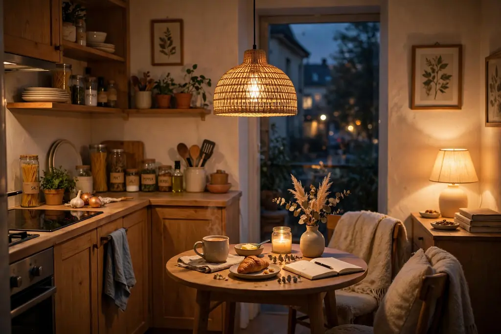 Cozy studio kitchen in the evening with warm pendant light over a small table and soft lamplight.