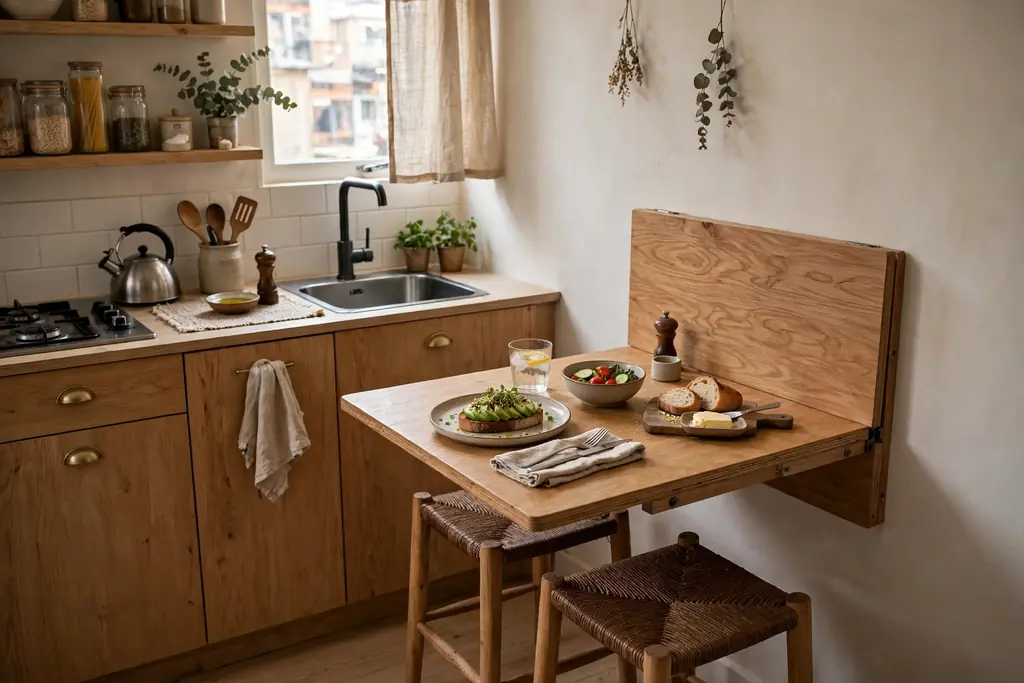 Small studio kitchen with a wooden fold-down wall table and stools tucked beneath, set for a simple meal.