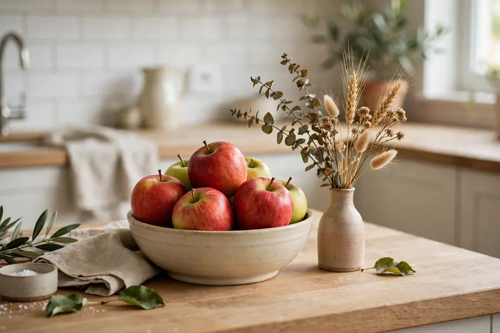 Kitchen counter centerpiece with a bowl of apples and a small vase of dried stems.