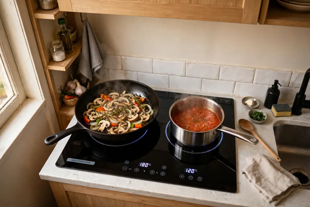 Compact two-burner induction hob in a small kitchen with one large pan and one small pan cooking.