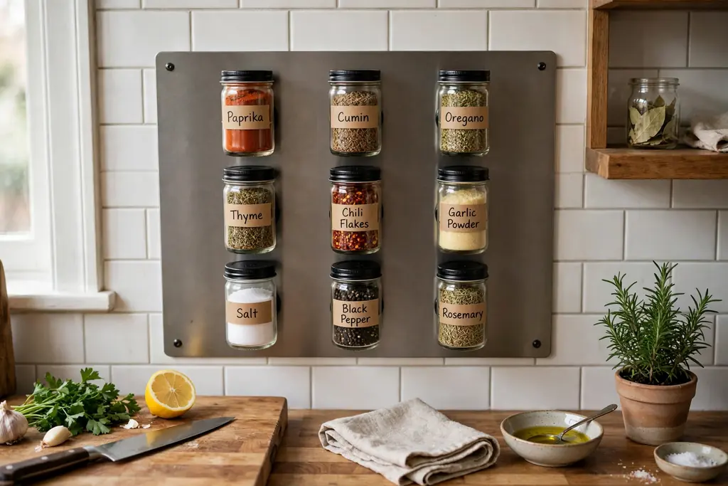 Small magnetic spice jars labelled and arranged on a steel board on a kitchen wall near a prep counter.
