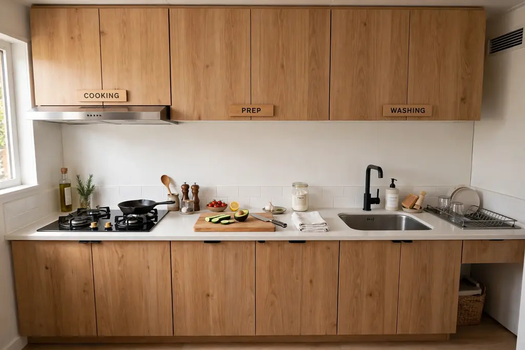 Compact studio kitchen with a single wall of cabinets divided into clear cooking, prep and washing zones.