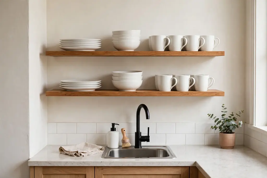 Open kitchen shelves with white plates, bowls and mugs neatly grouped above a small sink.