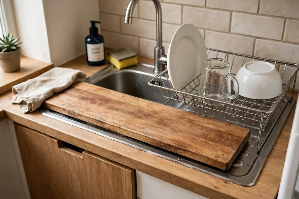 Small kitchen sink with a wooden cutting board across it and a drying rack holding clean dishes.
