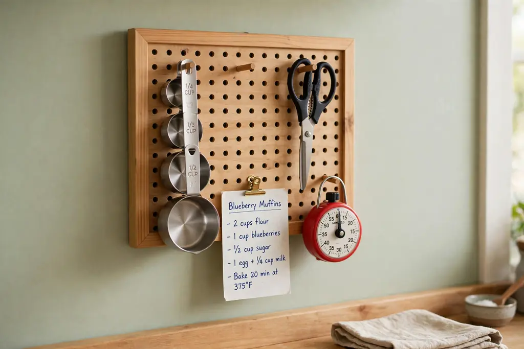 Small framed pegboard on a kitchen wall holding measuring cups, scissors, a timer and a recipe card.
