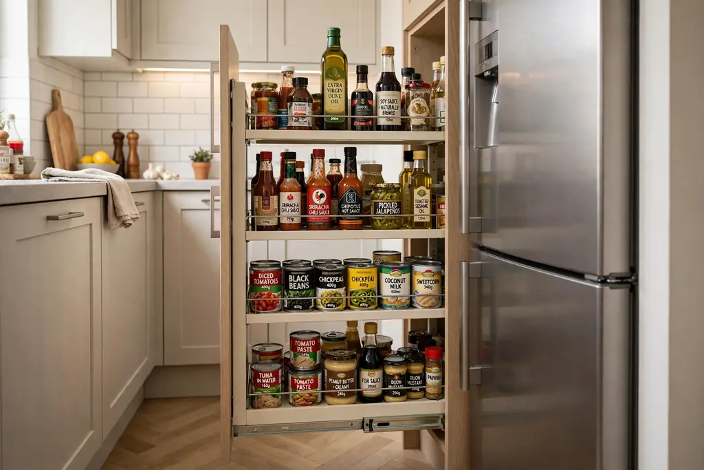 Narrow pull-out pantry shelf beside a fridge in a small kitchen, filled with bottles, sauces and cans.