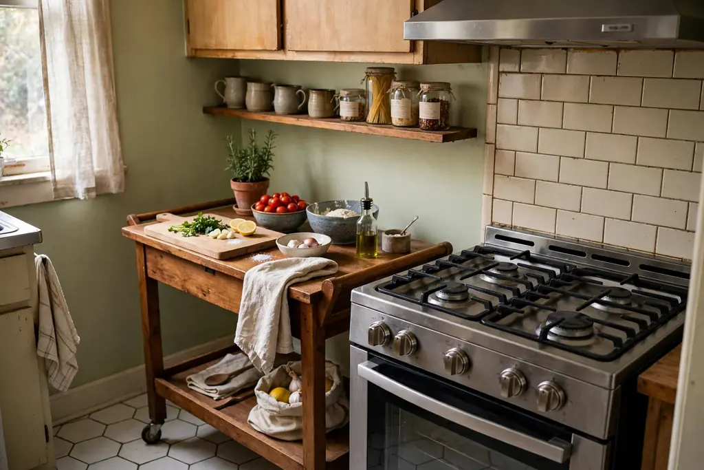 Wooden rolling cart used as extra counter space beside a stove in a small kitchen, with bowls and a cutting board on top.