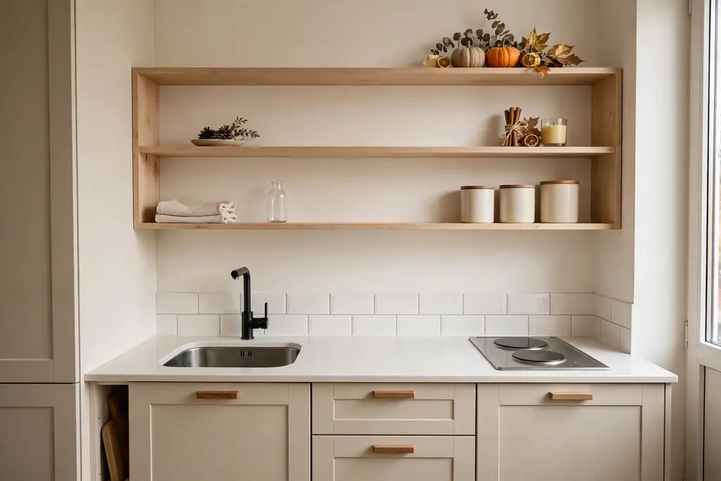 Tidy small studio kitchen after a seasonal reset, with clear counters, wiped shelves and a small seasonal display.