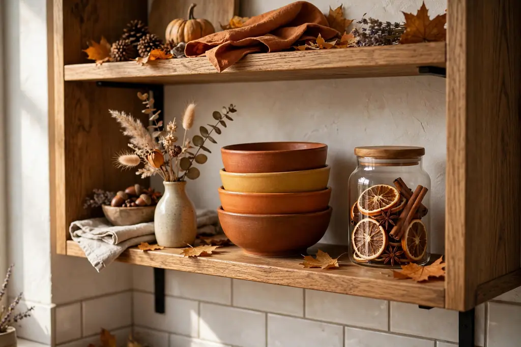 Open kitchen shelf restyled for fall with a small vase, a stack of warm coloured bowls and a jar.