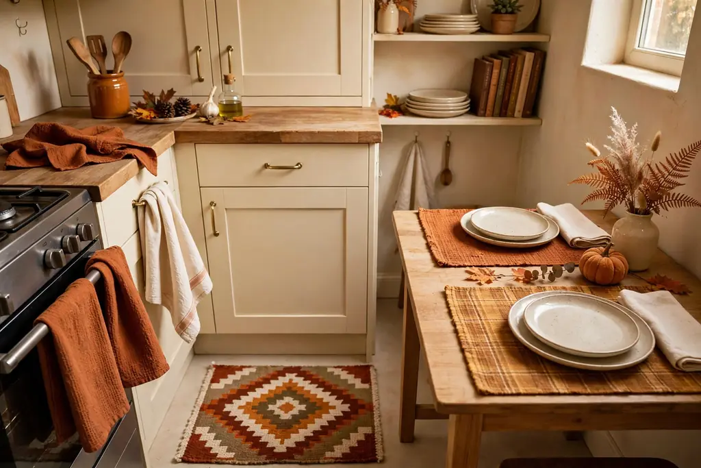 Small kitchen with warm rust and cream tea towels, a small rug and placemats in fall colours.