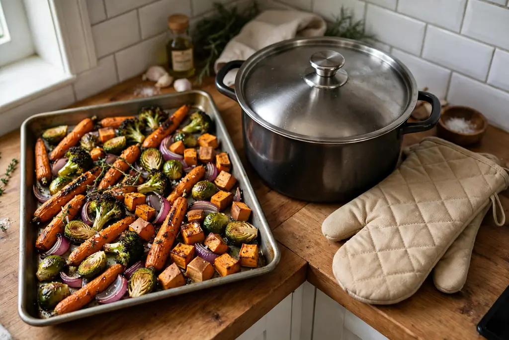 Small kitchen counter with a sheet pan of roasted vegetables, a deep pot with a lid, and oven mitts beside them.