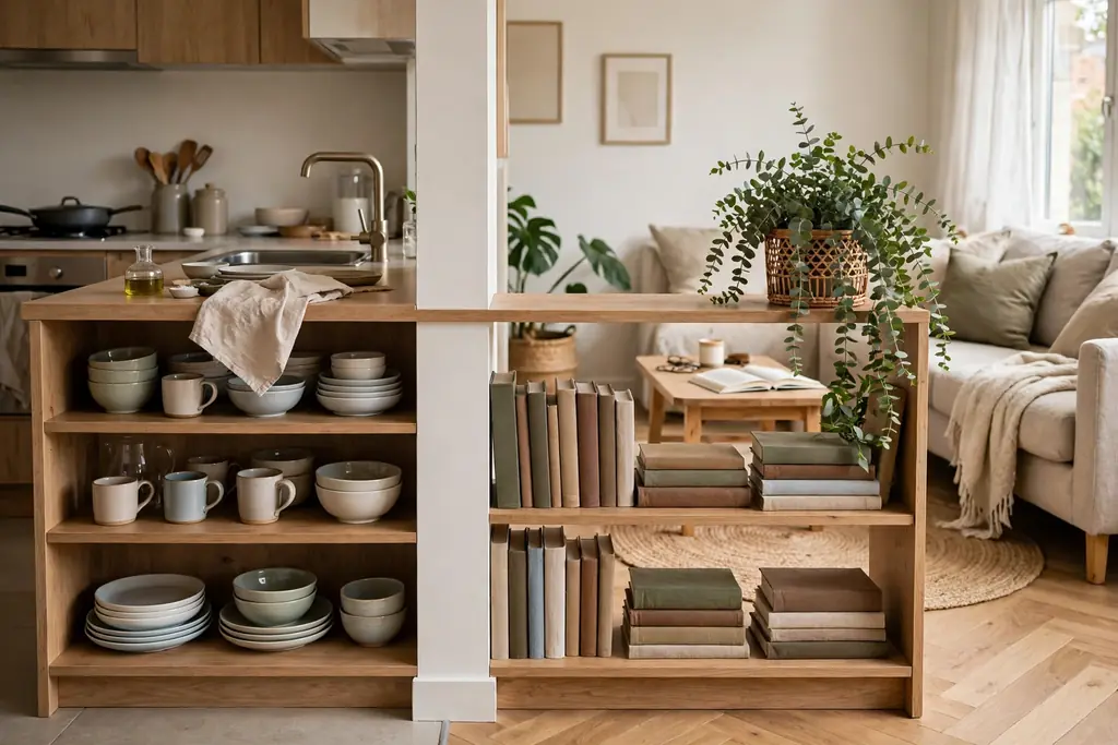 Low open shelf unit dividing a studio kitchen from a living area, with dishes on one side and books and a plant on the other.