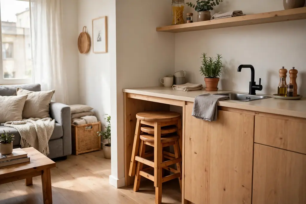 Neat stack of wooden stools tucked under a small kitchen counter in a compact studio apartment.