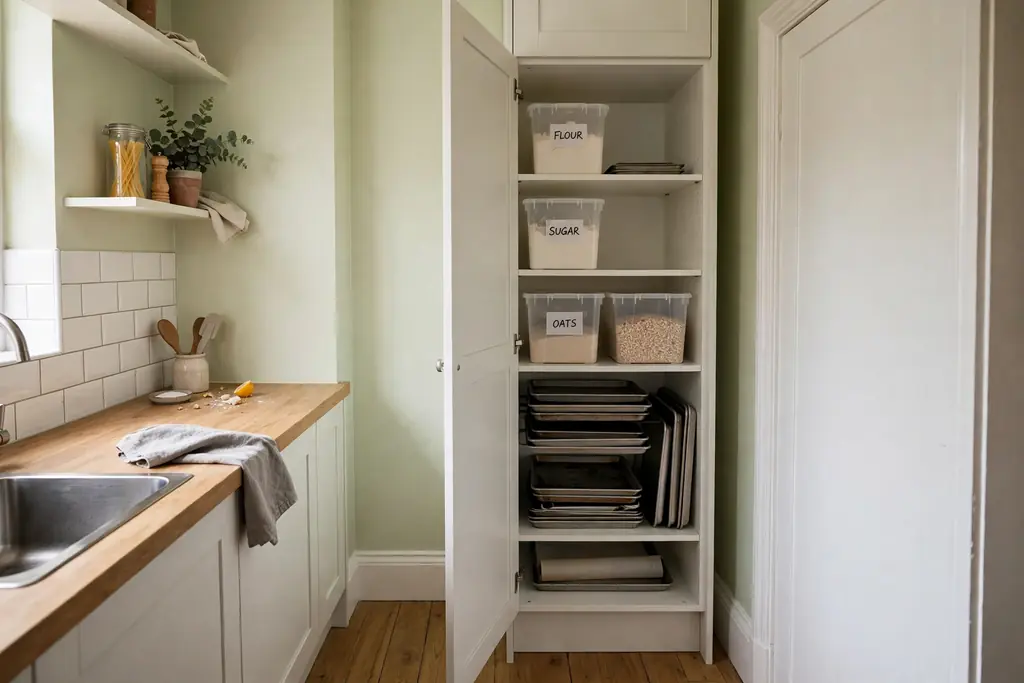 Tall kitchen cabinet at the end of a small kitchen run, with labelled bins and baking trays inside.