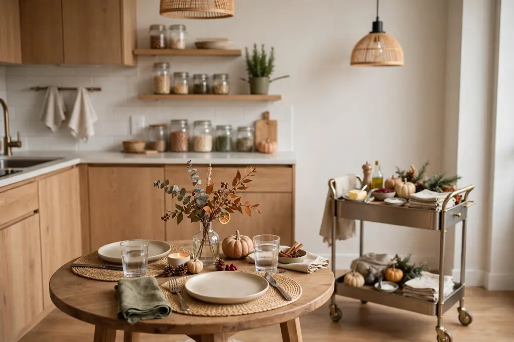 Small festive Thanksgiving table in a studio kitchen with simple placemats, a small vase and a rolling serving cart nearby.